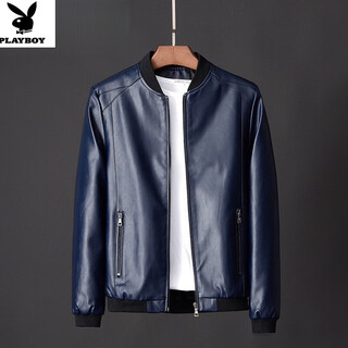 Playboy (playboy) leather jacket men's autumn and winter velvet thickening trendy handsome motorcycle leather jacket large size men's 908 blue thin section l 5x