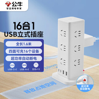 公牛（BULL）公牛立式USB过载保护插座/插线板/接线板/排插 12位总控开关+2A2C 全长1.6米 GNV-UL1012U 白色