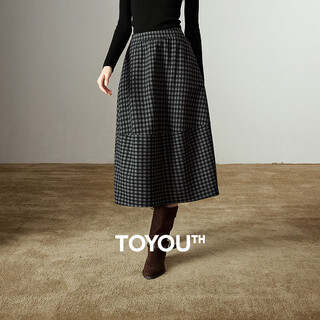 初语半身裙女2025冬季新款复古格纹分割拼接廓形花苞裙 灰黑格子   M