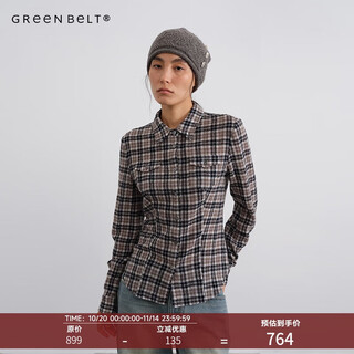 Green belt full wool contrasting color patchwork waist plaid shirt for women 2025 winter casual slim long-sleeved top