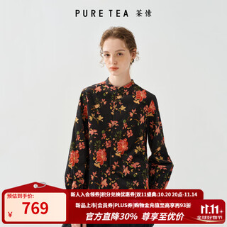 Pure tea puretea tea printed corduroy shirt women's stand-up collar puff sleeves 2025 winter new style graphite black s
