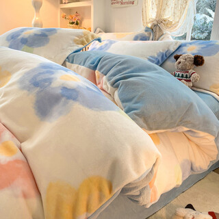Nanjiren (nanjiren) milk velvet four-piece autumn and winter thickened bed sheet and quilt cover double-sided plus velvet quilt cover and student dormitory three-piece set colorful flower + baby blue heat storage and warmth 1.5m bed sheet four-piece quilt cover 200*230