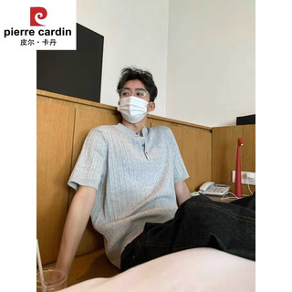 Pierre cardin brand high-end knitted solid color pullover button short-sleeved t-shirt for men summer korean style loose henley collar polo shirt light gray s