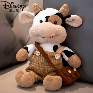Disney cute dressed cow doll doll calf cow plush toy soothing ragdoll children's birthday gift for women overalls sweater + small brown bag 30cm (general packaging)