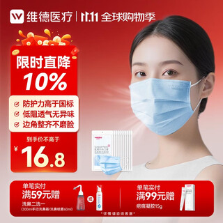 Wellday disposable medical surgical masks, breathable, dust-proof, warm, anti-rhinitis, allergy, sterilization grade blue, 100 pieces
