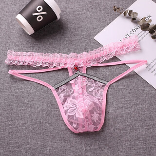 He jiagong men's lace transparent thong transvestite gay sexy breathable low-waist elastic t underwear single butt underwear pink one size fits all _80-140jin jin equals 0.5 kg