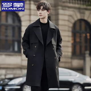 Romon thin windbreaker jacket for men in spring and autumn mid-length suit collar silhouette coat double-breasted british style trendy top black xl