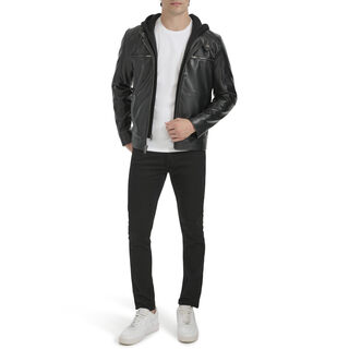 Kenneth cole men's faux leather biker with knitted hood black medium
