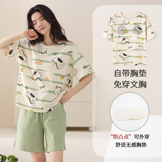 都市丽人睡衣女款2025新款夏纯棉短袖短裤套装带胸垫家居服可外穿 嫩绿恐龙 XL