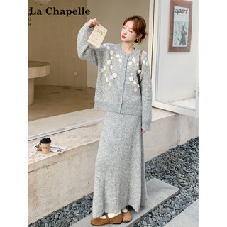 La chapelle light gray lazy style knitted skirt women's 2025 autumn new floral sweater cardigan skirt two-piece set light gray knitted cardigan + skirt s (105jin jin is equal to 0.5kg)