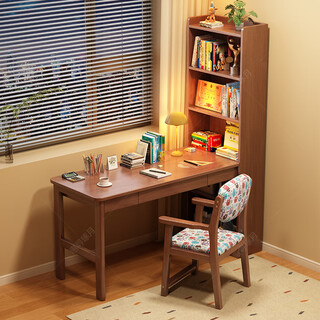 Huixun solid wood corner desk bookshelf integrated children's study table student home desk small apartment corner computer desk walnut color #desk + bookshelf 100cm*60cm*182cm total length 125cm