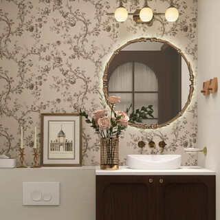 French retro bathroom vanity mirror round wall-mounted vanity mirror european carved bedroom entrance table decorative mirror led light plug-in model 50x50cm