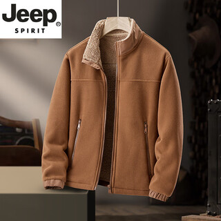 Jeep spirit autumn and winter heavy quality men's fleece jacket casual hooded sherpa plus velvet thickened warm cardigan jacket stand-up collar caramel color m recommended 90-110jin jin equals 0.5 kg