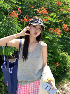 Gray cotton and linen camisole women's summer inner wear, loose, lazy and relaxed, large size fat mm, covering the belly, wearing as a base, light gray - wide shoulder straps s