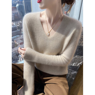 King deer first-line ready-to-wear 100 pure wool sweater for women autumn and winter loose inner sweater v-neck knitted bottoming shirt beige xl