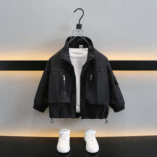 男童外套秋装2025新款春秋痞帅男孩立领上衣大儿童秋季连帽夹克潮 黑色 cm 90