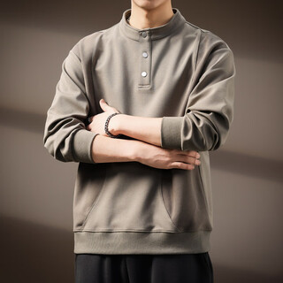 Ax armani broken code 2026 american retro henry collar button long-sleeved sweatshirt men's autumn new splicing stand collar simple khaki m suitable for 100-120jin jin equals 0.5 kg