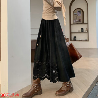 A-line skirt for women 2025 new autumn and winter pleated long skirt, high-end, small, suede, versatile, black, one size