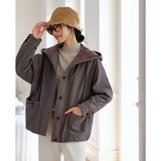 Keran pu jian hong chen velvet thickened 100% high density long staple cotton warm hooded short jacket for women autumn and winter new style capri gray purple s