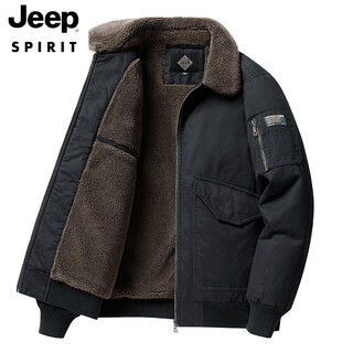 Jeep spirit comfortable winter super thick lamb velvet jacket men's short retro workwear flight jacket warm wool cotton jacket new style black m suitable for 100-120jin jin equals 0.5 kg