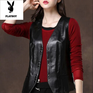 Playboy (playboy) pu leather vest for women 2025 spring and autumn new versatile short sleeveless imitation sheepskin waistcoat vest jacket top black thin l recommended 110-125jin jin equals 0.5 kg