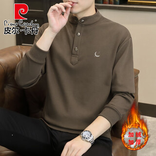 Pierre cardin henry collar sweatshirt men's stand collar spring autumn winter 2025 new trendy men's bottoming shirt top velvet thick long sleeves wy2288 lunar eclipse brown velvet xl recommended weight 135-155jin jin is equal to 0.5 kg