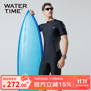 Watertime/shuichuan men's swimsuit and trunks one-piece short-sleeved five-point wetsuit men's swimsuit black silver l