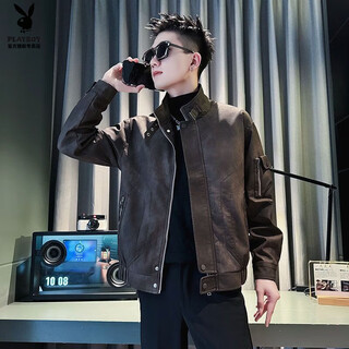 Playboy (playboy) stand-up collar leather jacket men's autumn and winter thickened top 2025 new high-end handsome motorcycle leather jacket for men coffee color a343-jk180 m