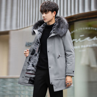 Falling party overcomes men's new set of rabbit fur lining with removable fur all-in-one winter coat mid-length 9819 gray mid-length 2xl