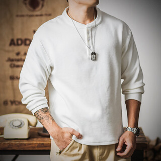 Kazuki kuraishi kazuki kuraishi trendy white waffle long-sleeved t-shirt for men with loose henry collar american knitted bottoming shirt high-end top white m 100-120