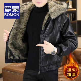 Romon hooded mountain carving leather jacket men's winter new trendy casual plush velvet thickened warm fashion motorcycle jacket black xl 125-140jin jin equals 0.5 kg