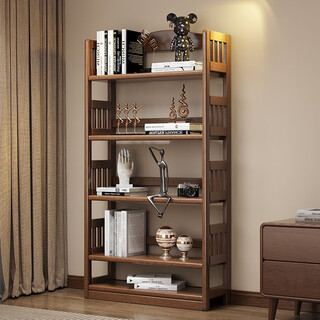 Zhurlins solid wood bookshelf floor-to-ceiling living room storage rack bedroom storage rack home student study simple corner bookcase 80cm five-layer walnut color imported rubber wood