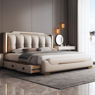 Aimu national subsidy bed double bed 2 meters 2.2 meters leather bed light luxury master bedroom large bed light with modern simple storage bed 2000mm*2200mm frame bed leather bed + 2 cabinets + skin care spine spring mat
