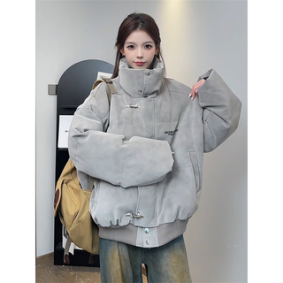 Katuchi american tie-dye airplane button pu leather cotton jacket for men and women in winter loose short thickened down bread cotton jacket clothes gray xl