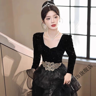 Kefuyan black annual meeting evening dress, female style, summer and autumn long-sleeved, light luxury, niche high-end vocal music test host skirt, black long style, slight gold fall off, mind l