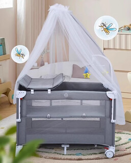 Xinboro crib, foldable and spliced large bed, mobile crib, portable newborn baby changing table, gray 110*60*76cm, movable entry and exit door, luxurious and fully equipped