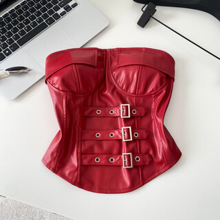 Pure desire hot girl design button lace sleeveless tube top women's autumn waist cinch versatile chic leather top red one size