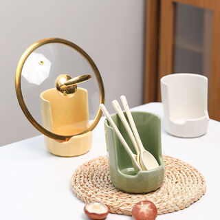 Kitchen pot lid rack household ceramic countertop spoon rack spatula storage rack storage sitting pot lid artifact m multifunctional ceramic pot lid rack-bright white
