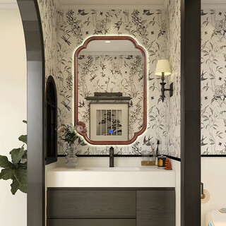 New chinese-style dressing room wall-mounted mirror desktop dressing table wooden frame makeup mirror medieval entrance hall decorative mirror custom-made induction led model 50x70cm