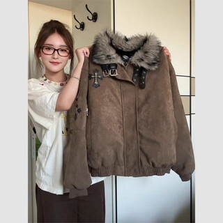 She manlai fur collar cross mountain carving jacket cotton clothes for men and women winter thickened warm workwear fur collar jacket cotton jacket for men brown xl