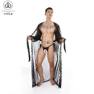 Sexy pajamas, men's underwear, tights, waiters, nightclub party performance clothes, one-piece sm uniforms, tempting men, long lace bathrobe + thong suit 21 black