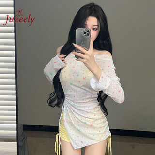 JUZEELY新款可爱纯欲风分体平角裤保守长袖星星罩衫三件套游泳衣女泡温泉 黄色 M