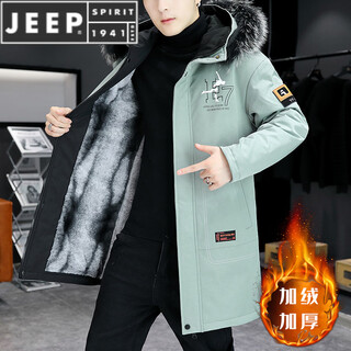 JEEP SPIRIT加绒加厚男士外套冲锋衣大衣派克服棉衣秋冬季男装中长款棉服风衣 21195绿色 M (85-105斤左右)