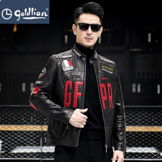 金利来（Goldlion）海宁皮夹克男士短立领修身摩托车套装山羊皮夹克绣花青年帅气夹克 现货黑色 L _170建议130-140斤