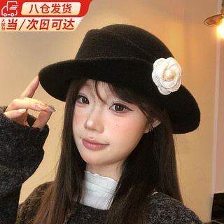 Lushan wu hepburn's daughter-in-law style top hat for women, french elegant pearl flower temperament, photo studio fisherman hat, retro, small face, camellia top hat, black 54-56cm