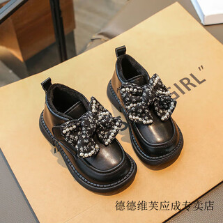 Vinoa girls' leather shoes 2025 new autumn and winter velvet cotton shoes bow little girls princess shoes soft sole children's shoes black 10.5 recommended foot length +1cm