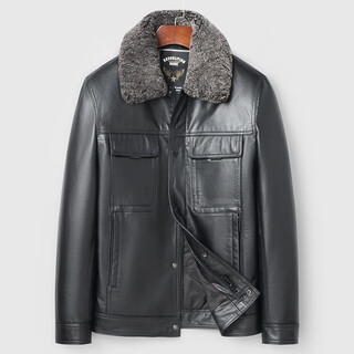 Pangdonglai supermarket purchases haining leather jacket, first-layer cowhide jacket with velvet, removable wool collar, thickened same style, black m