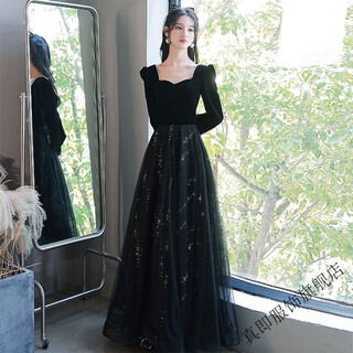 Zhenji annual meeting art exam evening dress for women texture light luxury black french velvet high-end host winter long sleeve black s