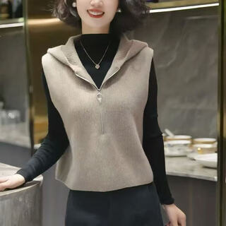 Relaxation european high-end solid color sleeveless knitted vest 2025 autumn hooded design vest brown color simple/versatile/niche/temperament one size fits all 85 to 145jin jin is equal to 0.5 kg