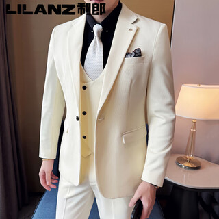利郎2025新款高级感西装男套装结婚礼服新郎休闲西服男修身韩版英伦风 米白色(西服+裤子) 送领带 3XL
